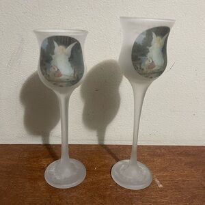Angel printed  frosted glass candle holder with a tall stem